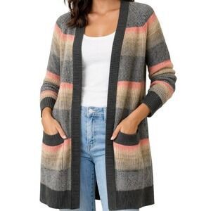 Gap Womens Gray Pink Striped Cotton Open Front Longline Cardigan Sweater Small